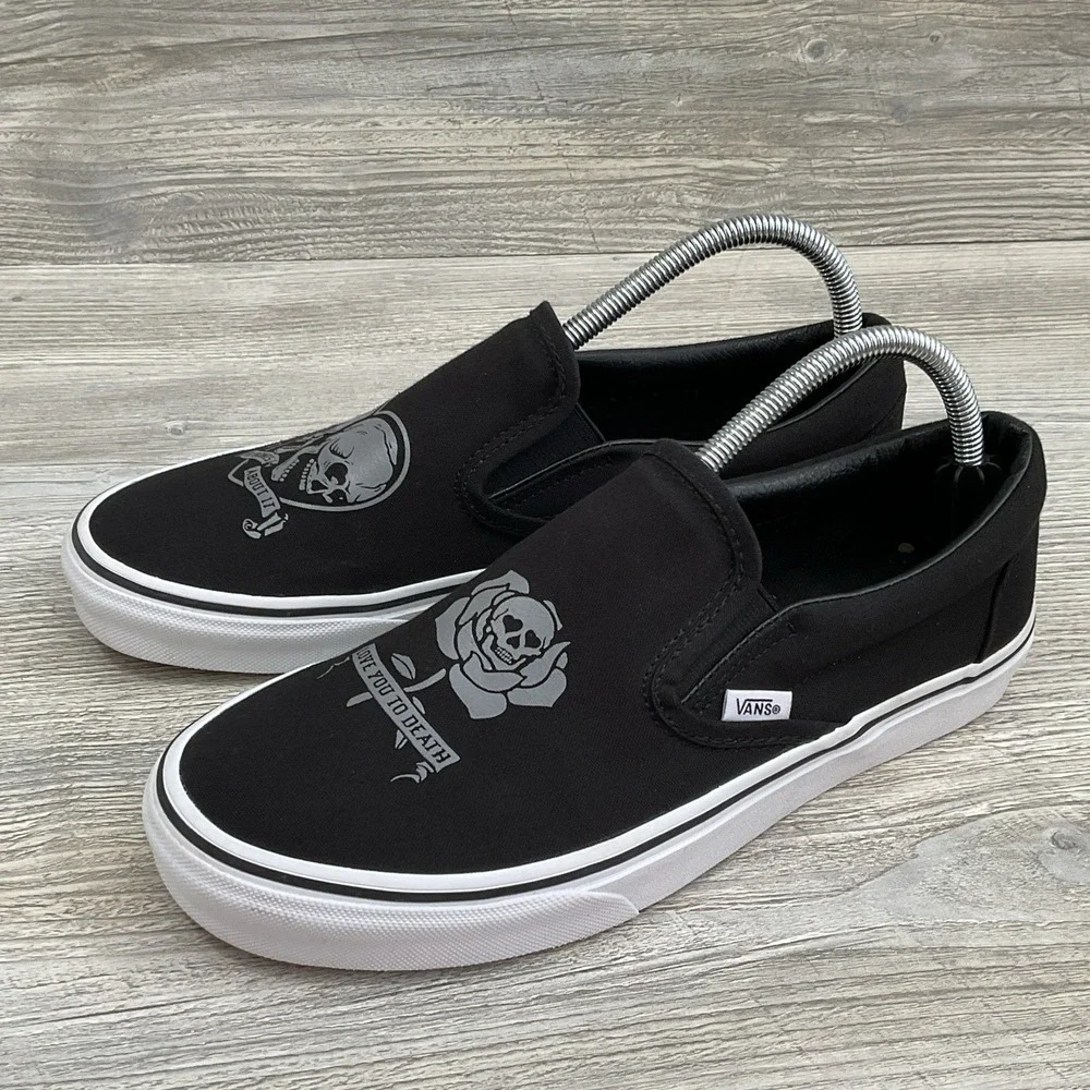 VANS Slip On Love You To Death Black Silver Canvas Shoes Womens Size 10 Mens 8.5